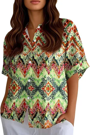 Women Short Sleeve Shirts Button-Down Trendy 2025 Summer Linen Cute Tops Going Out Floral Print Dressy Casual Blouses