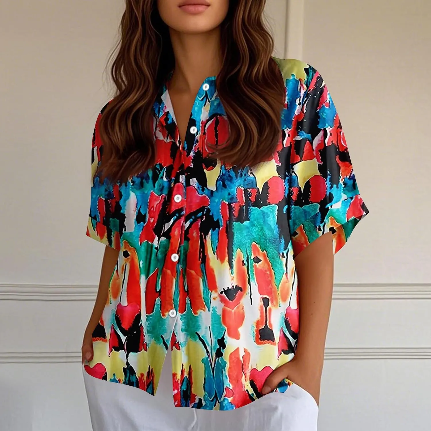 Women Short Sleeve Shirts Button-Down Trendy 2025 Summer Linen Cute Tops Going Out Floral Print Dressy Casual Blouses