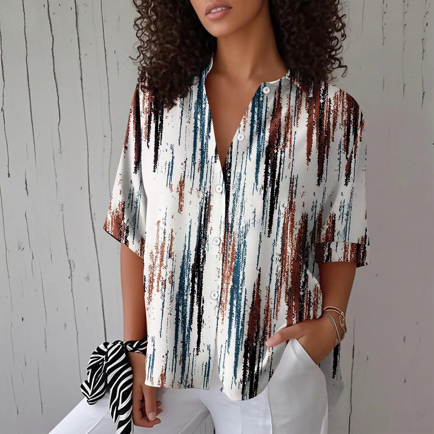 Women Short Sleeve Shirts Button-Down Trendy 2025 Summer Linen Cute Tops Going Out Floral Print Dressy Casual Blouses