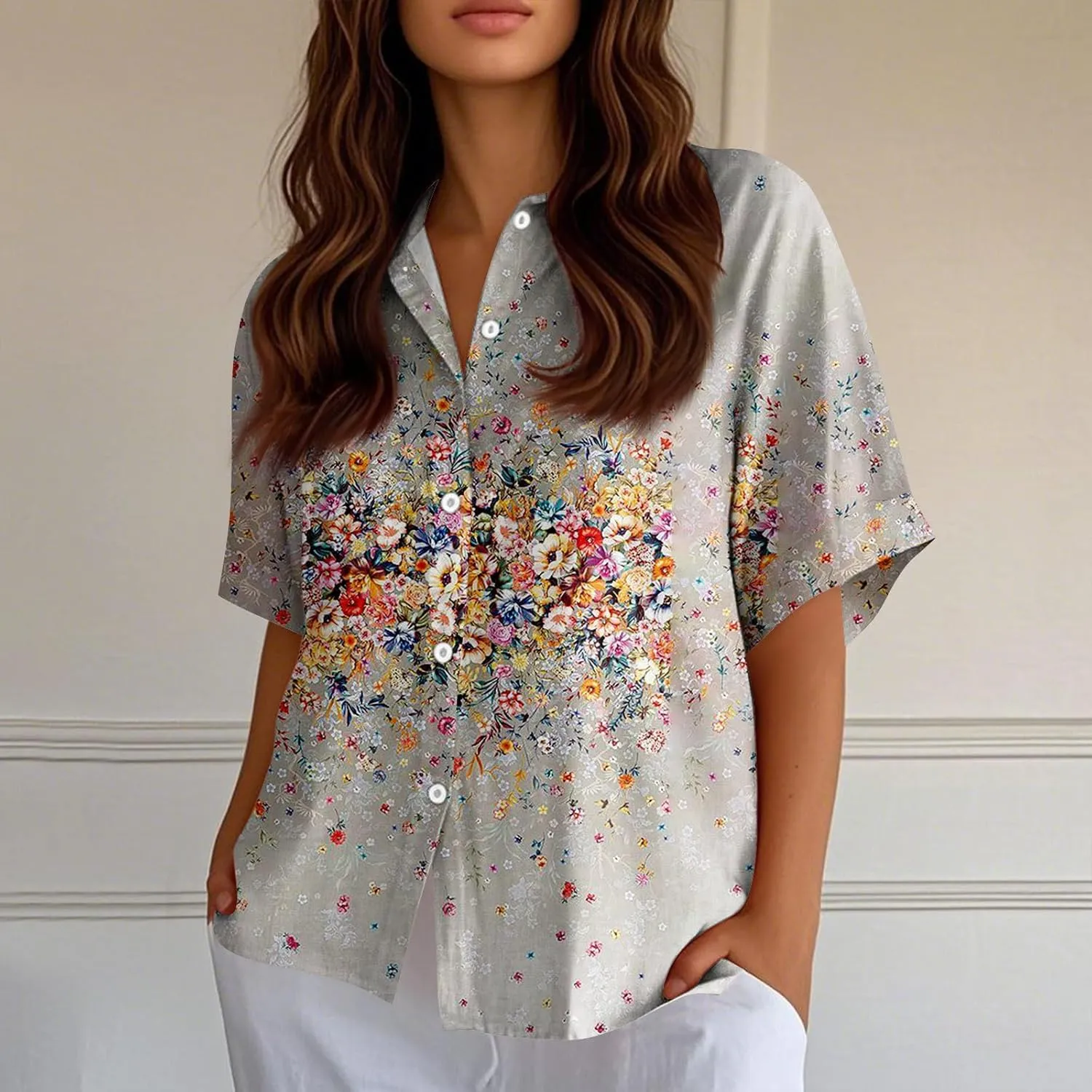 Women Short Sleeve Shirts Button-Down Trendy 2025 Summer Linen Cute Tops Going Out Floral Print Dressy Casual Blouses