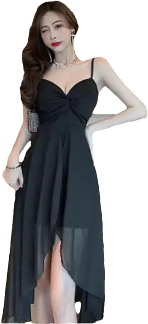 Women Slip Skirt Irregular Chiffon Panels V-Neck Low-Cut Nipped-in Waist Dress