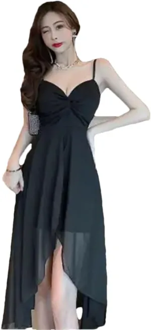 Women Slip Skirt Irregular Chiffon Panels V-Neck Low-Cut Nipped-in Waist Dress
