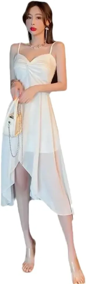 Women Slip Skirt Irregular Chiffon Panels V-Neck Low-Cut Nipped-in Waist Dress