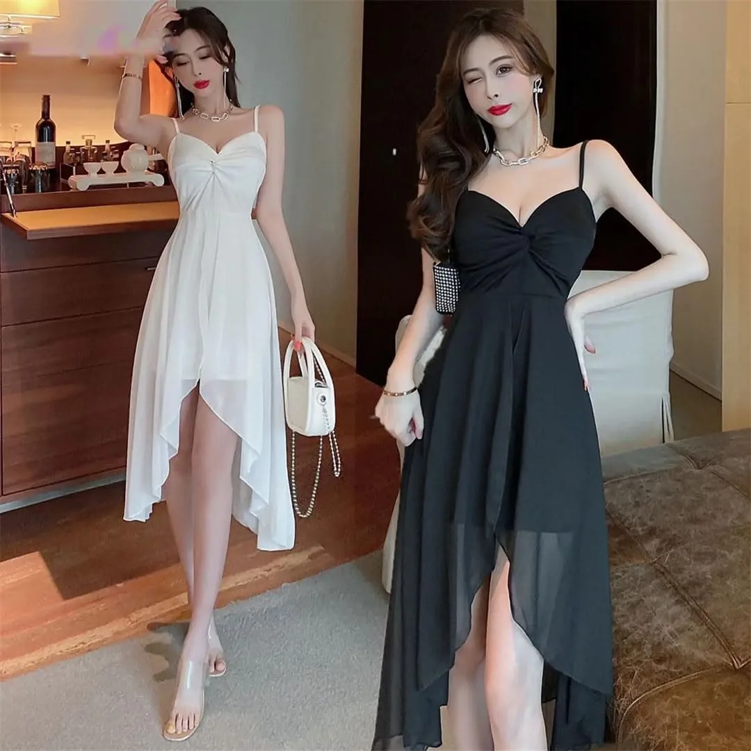 Women Slip Skirt Irregular Chiffon Panels V-Neck Low-Cut Nipped-in Waist Dress