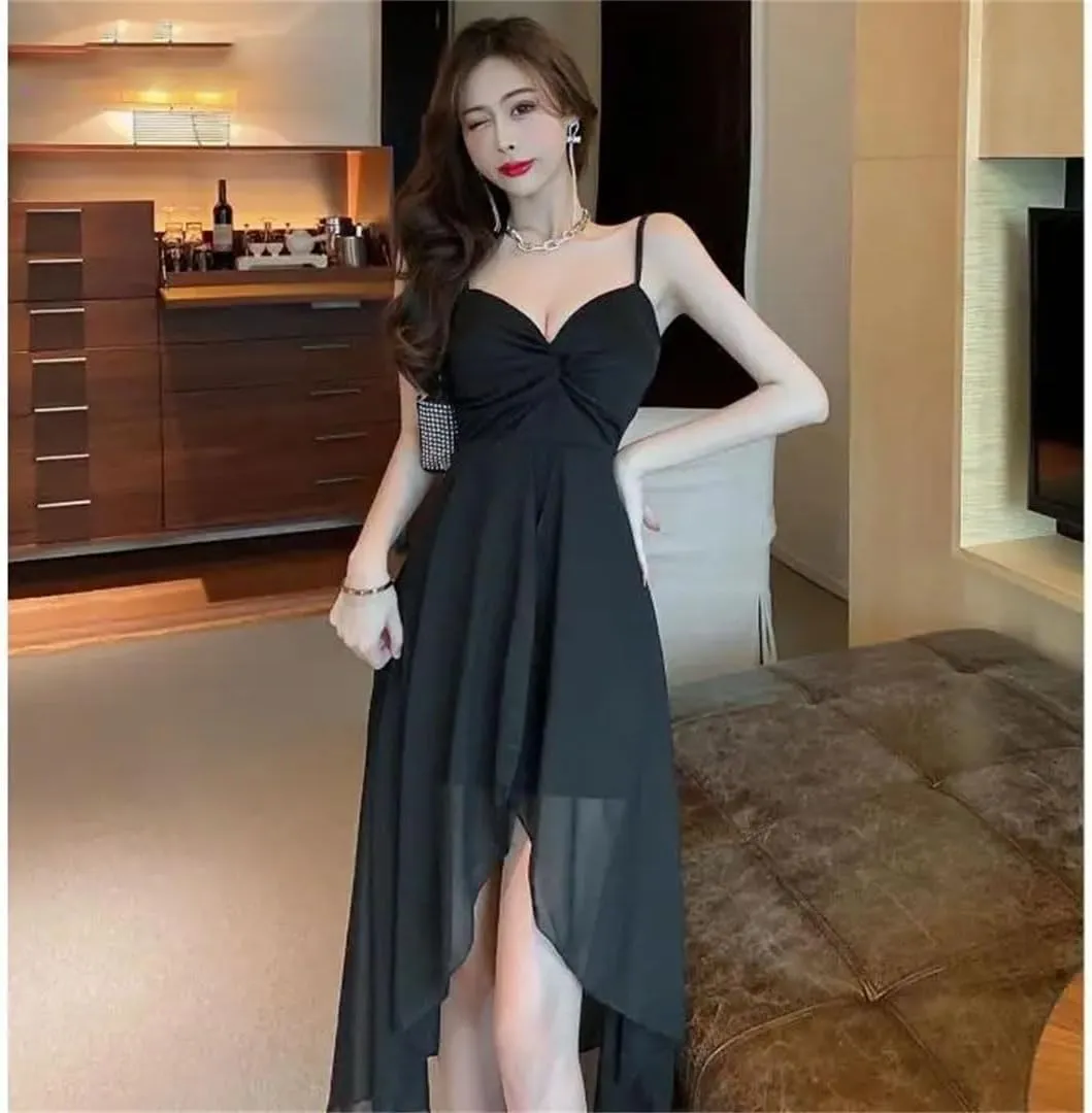 Women Slip Skirt Irregular Chiffon Panels V-Neck Low-Cut Nipped-in Waist Dress