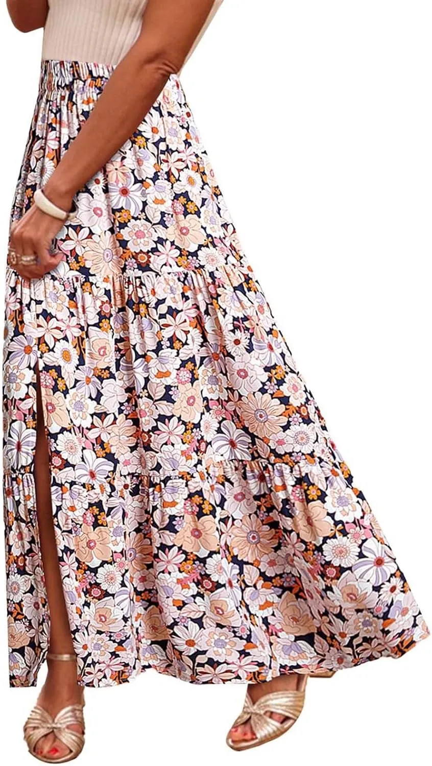Women Spring Summer Boho Maxi Skirt Floral Print Side Slit Long Skirts High Waist Flowy Split A Line Maxi Skirt