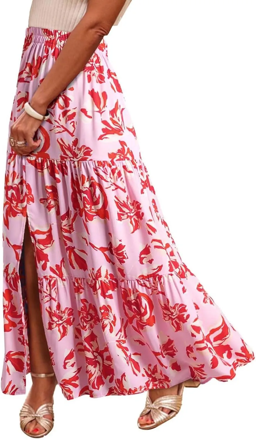 Women Spring Summer Boho Maxi Skirt Floral Print Side Slit Long Skirts High Waist Flowy Split A Line Maxi Skirt