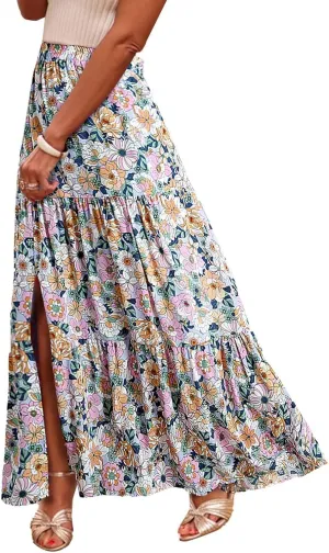 Women Spring Summer Boho Maxi Skirt Floral Print Side Slit Long Skirts High Waist Flowy Split A Line Maxi Skirt