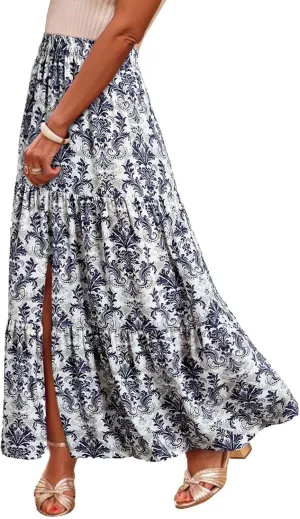 Women Spring Summer Boho Maxi Skirt Floral Print Side Slit Long Skirts High Waist Flowy Split A Line Maxi Skirt