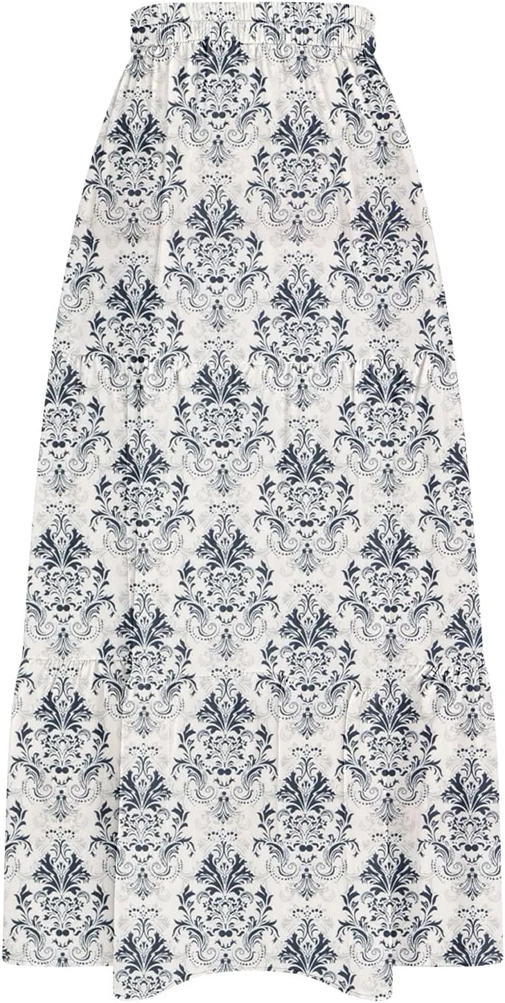 Women Spring Summer Boho Maxi Skirt Floral Print Side Slit Long Skirts High Waist Flowy Split A Line Maxi Skirt