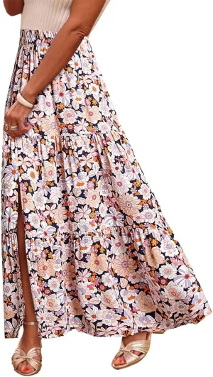 Women Spring Summer Boho Maxi Skirt Floral Print Side Slit Long Skirts High Waist Flowy Split A Line Maxi Skirt