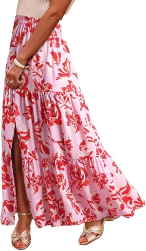 Women Spring Summer Boho Maxi Skirt Floral Print Side Slit Long Skirts High Waist Flowy Split A Line Maxi Skirt