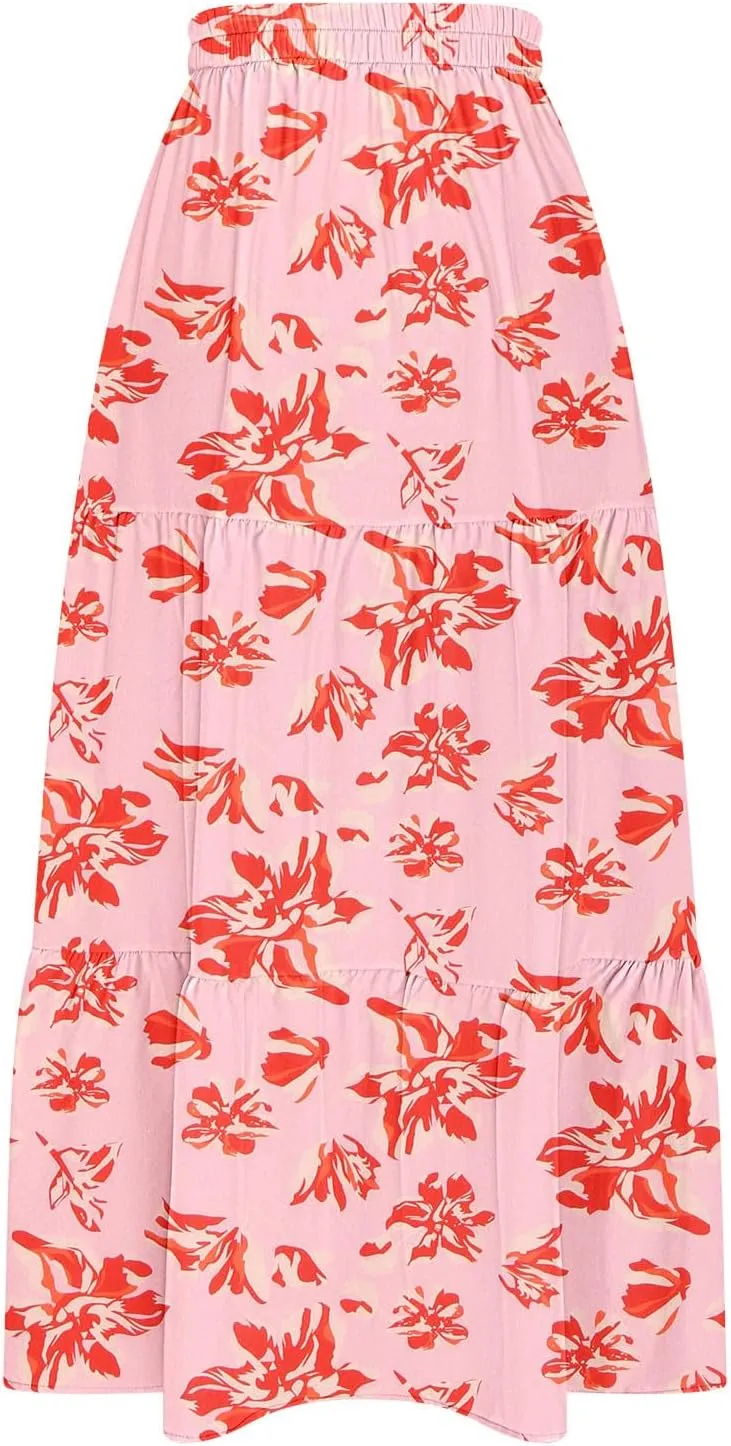 Women Spring Summer Boho Maxi Skirt Floral Print Side Slit Long Skirts High Waist Flowy Split A Line Maxi Skirt