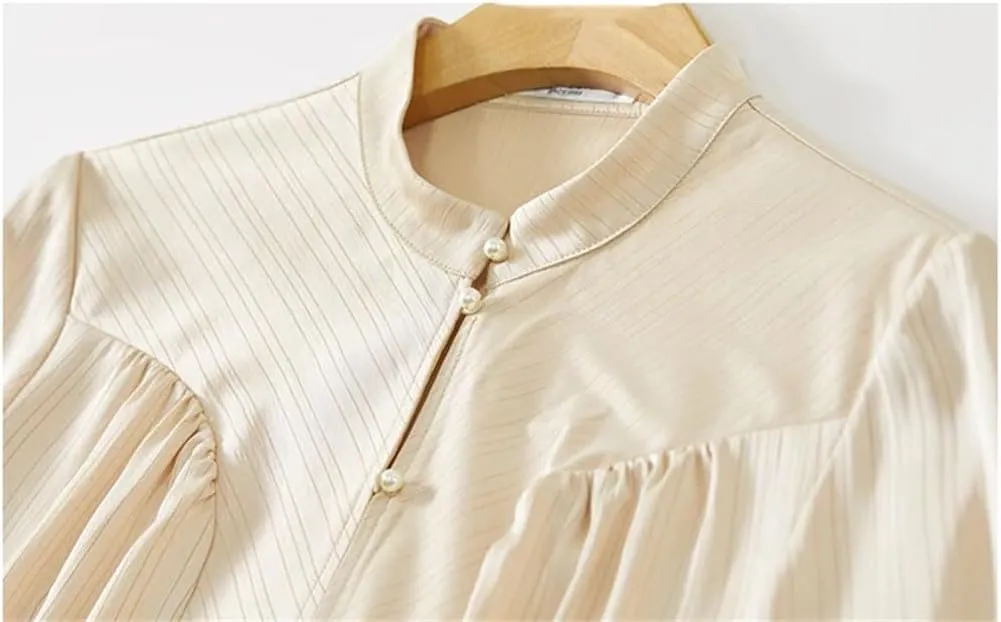 Women Stand Neck Striped Blouse Office Lady Pullover Long Sleeve Top Solid Work Business Top