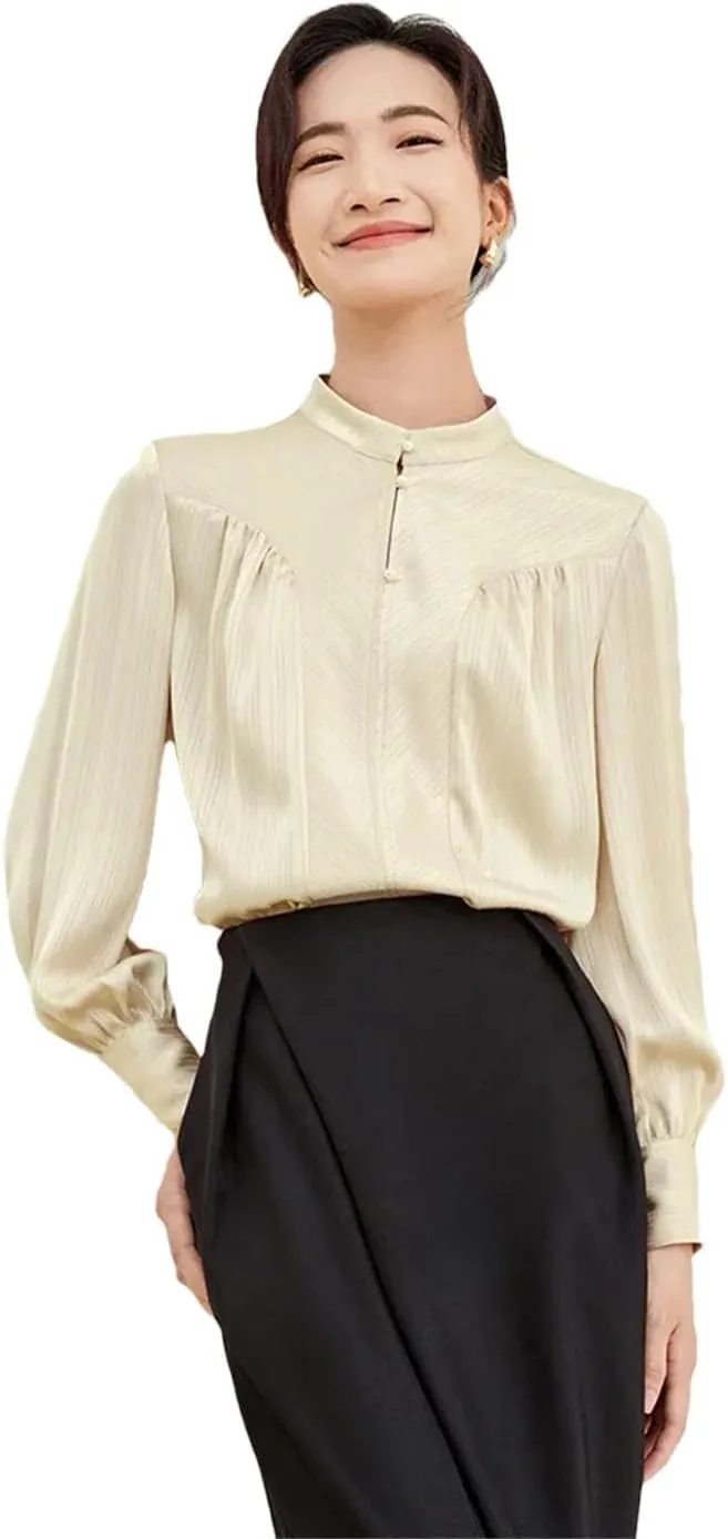 Women Stand Neck Striped Blouse Office Lady Pullover Long Sleeve Top Solid Work Business Top