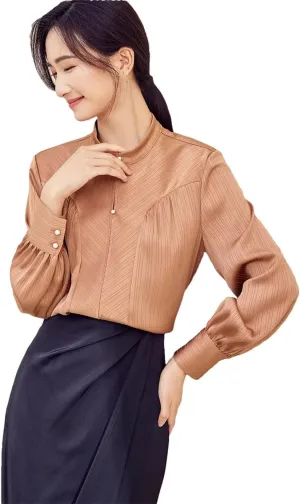 Women Stand Neck Striped Blouse Office Lady Pullover Long Sleeve Top Solid Work Business Top