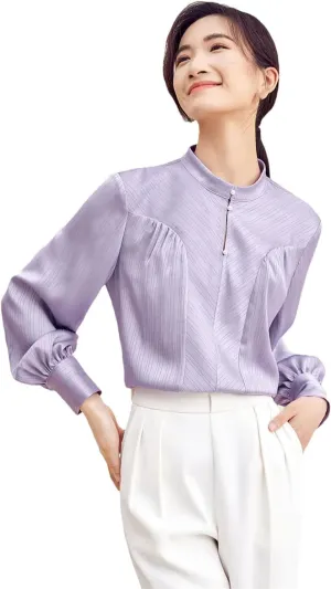 Women Stand Neck Striped Blouse Office Lady Pullover Long Sleeve Top Solid Work Business Top