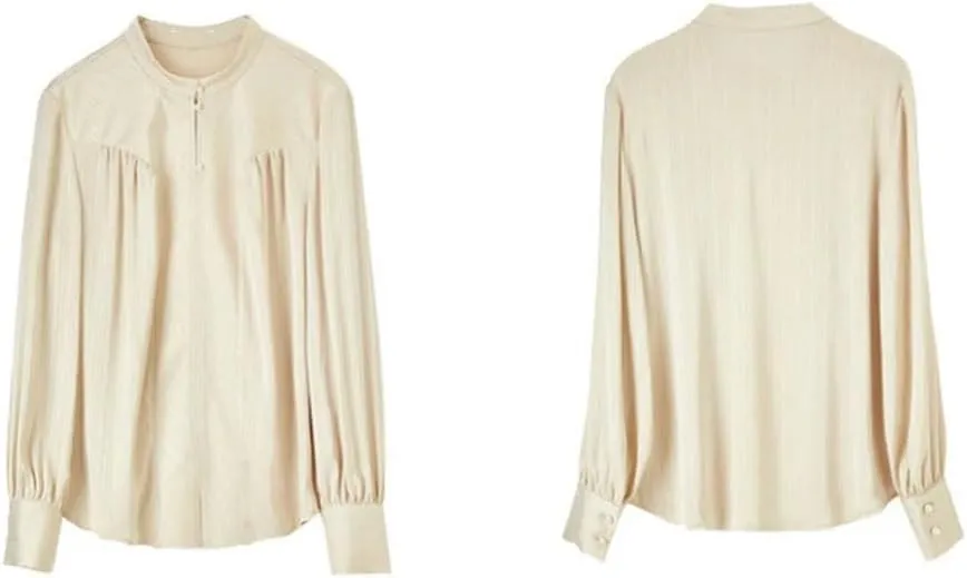 Women Stand Neck Striped Blouse Office Lady Pullover Long Sleeve Top Solid Work Business Top