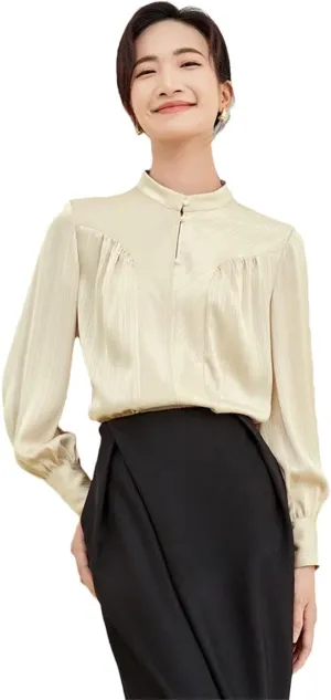 Women Stand Neck Striped Blouse Office Lady Pullover Long Sleeve Top Solid Work Business Top
