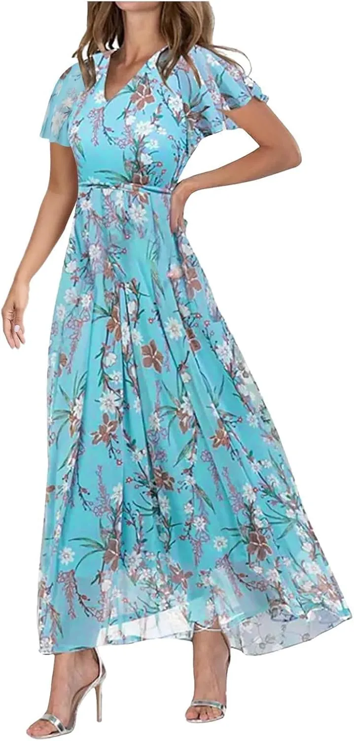 Women Summer Bohemian Floral Chiffon Wrap V Neck Ruffle Cap Sleeveless A-Line Pleated Hem Midi Beach Swing Sun Dress