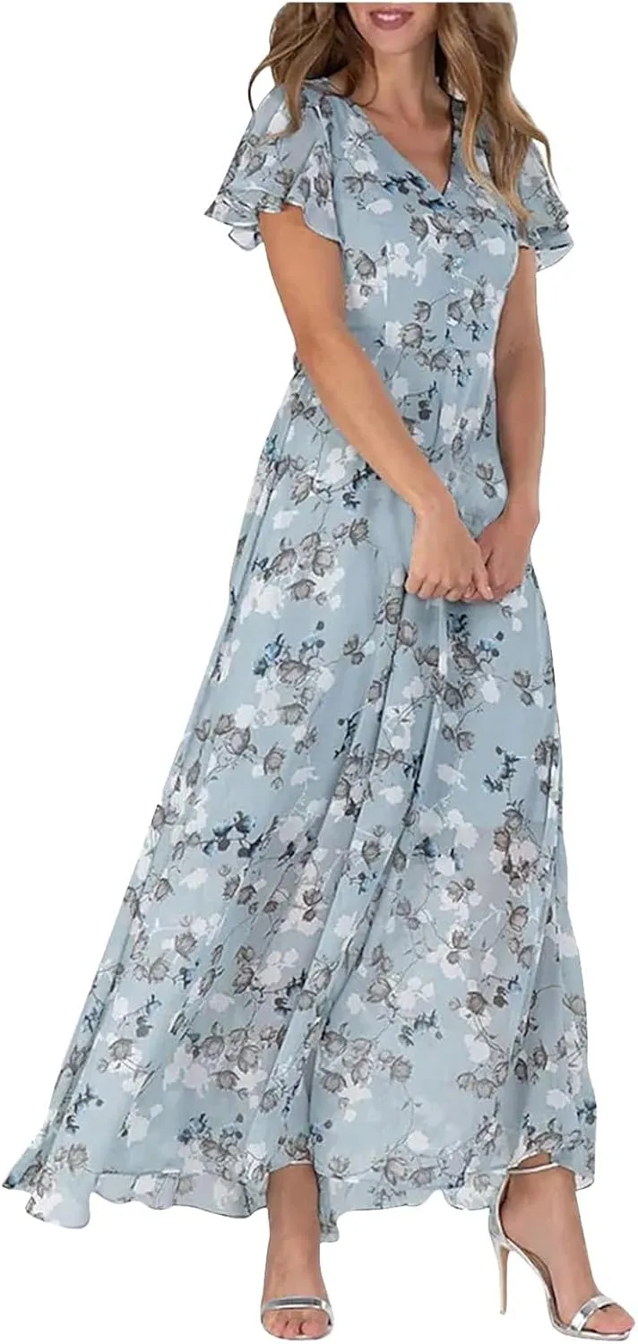 Women Summer Bohemian Floral Chiffon Wrap V Neck Ruffle Cap Sleeveless A-Line Pleated Hem Midi Beach Swing Sun Dress