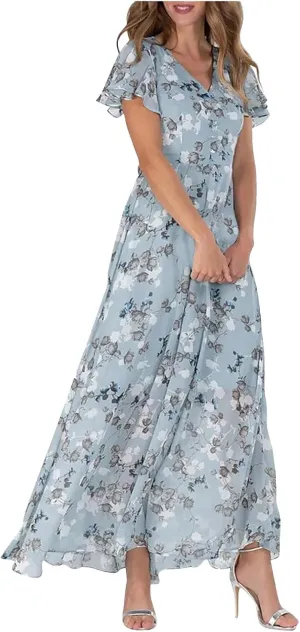 Women Summer Bohemian Floral Chiffon Wrap V Neck Ruffle Cap Sleeveless A-Line Pleated Hem Midi Beach Swing Sun Dress