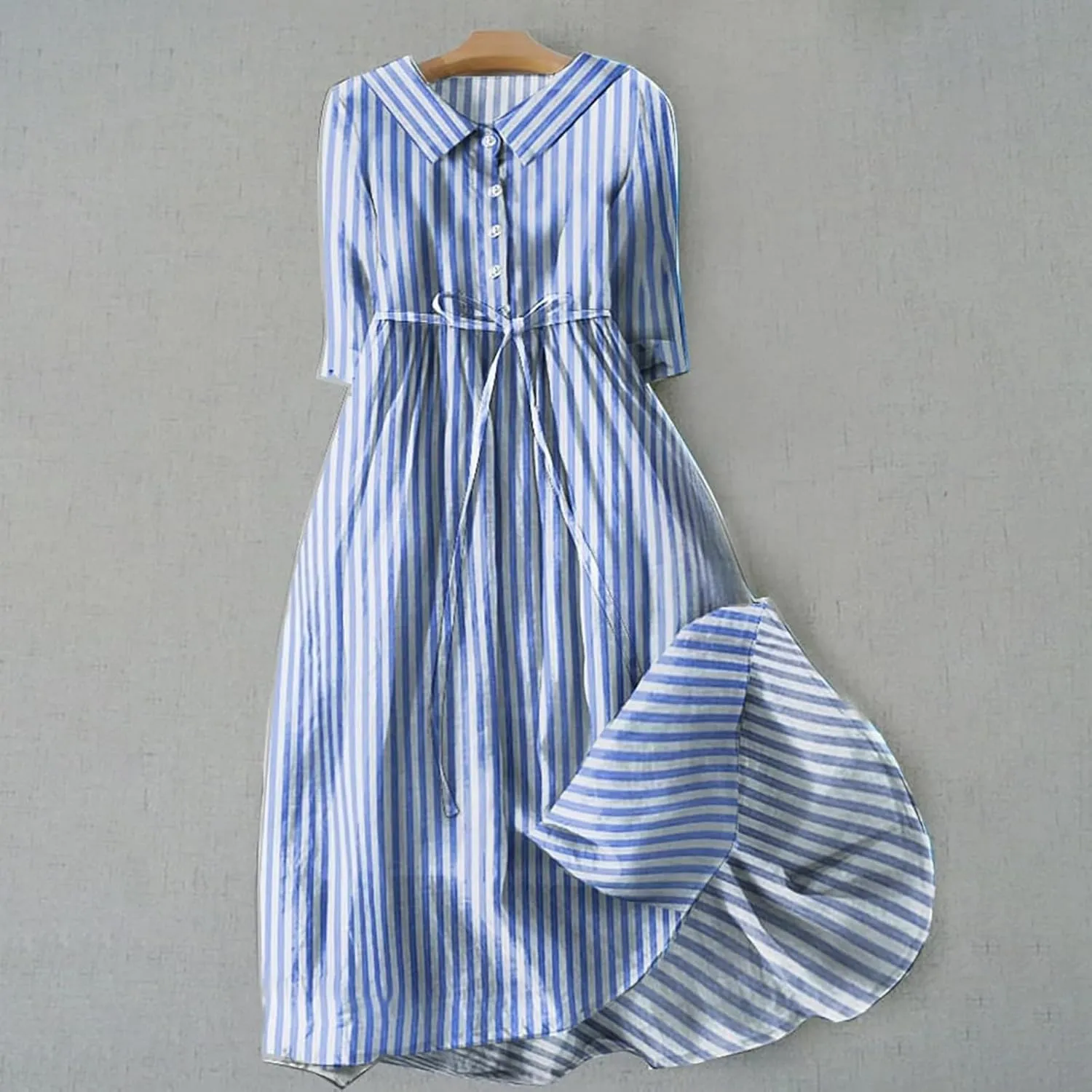Women Summer Cotton Linen Dress 3/4 Sleeve Crew Neck Loose Long Dress Double Layers Flowy Smocked Tiered Dress
