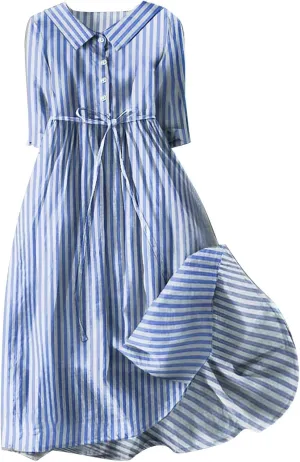 Women Summer Cotton Linen Dress 3/4 Sleeve Crew Neck Loose Long Dress Double Layers Flowy Smocked Tiered Dress