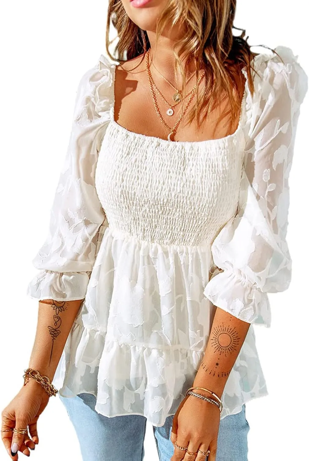 Women Tops Ruffle Peplum Neck 3/4 Ruffle Sleeve Crop Smocked Blouse Shirt Top Tee(XL-White)