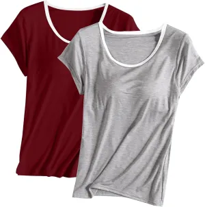 Womens 2 Pack T Shirts with Built in Bra Short Sleeve T-Shirts Modal Padded Pajamas Wireless Bra Tops Yoga Shirts