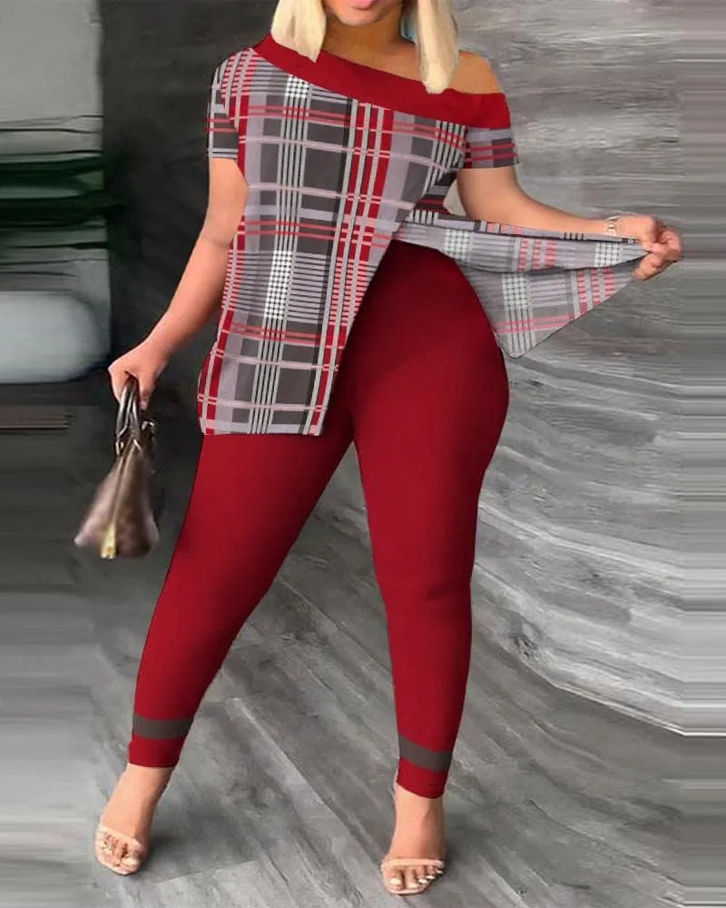 Womens 2 Pieces Outfits Short Sleeve Floral Print Round Neck Off-Shoulder Slit Shirt and Skinny Pants Set Tracksuits