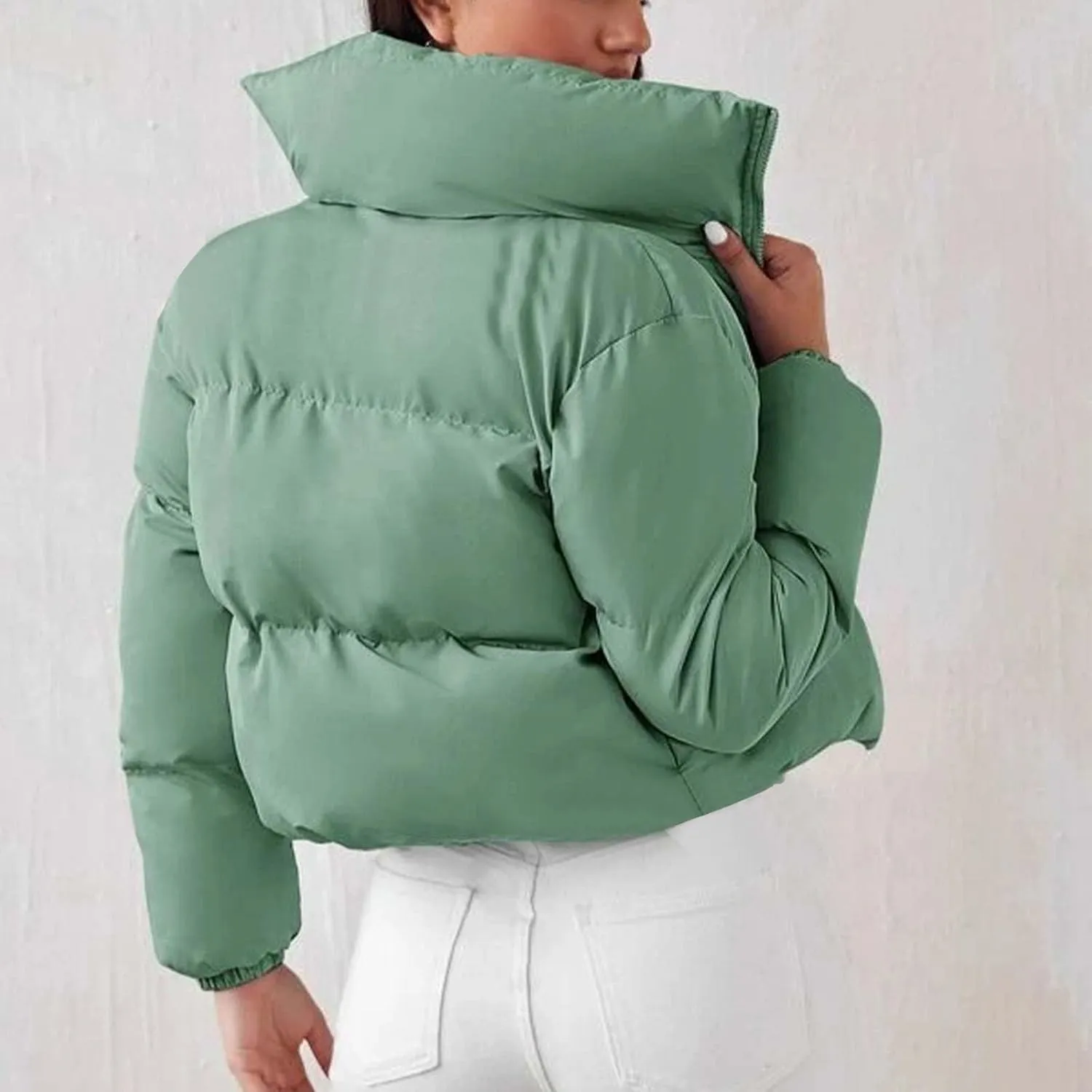 Women's 2024 Winter Long Sleeve Zip Cropped Short Puffer Jacket Parkas Pockets Baggy Down Coats Warm Quilted Jacket