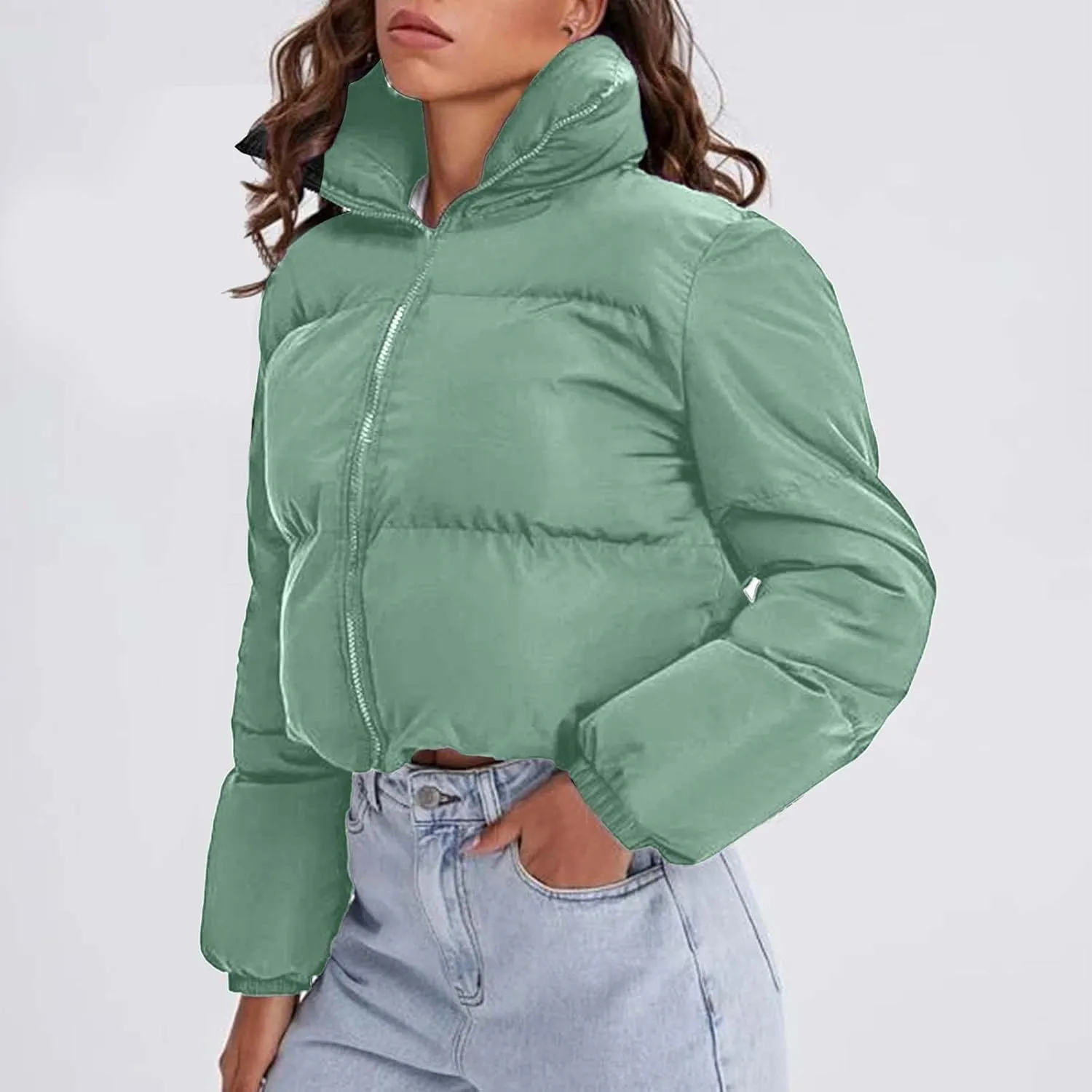 Women's 2024 Winter Long Sleeve Zip Cropped Short Puffer Jacket Parkas Pockets Baggy Down Coats Warm Quilted Jacket