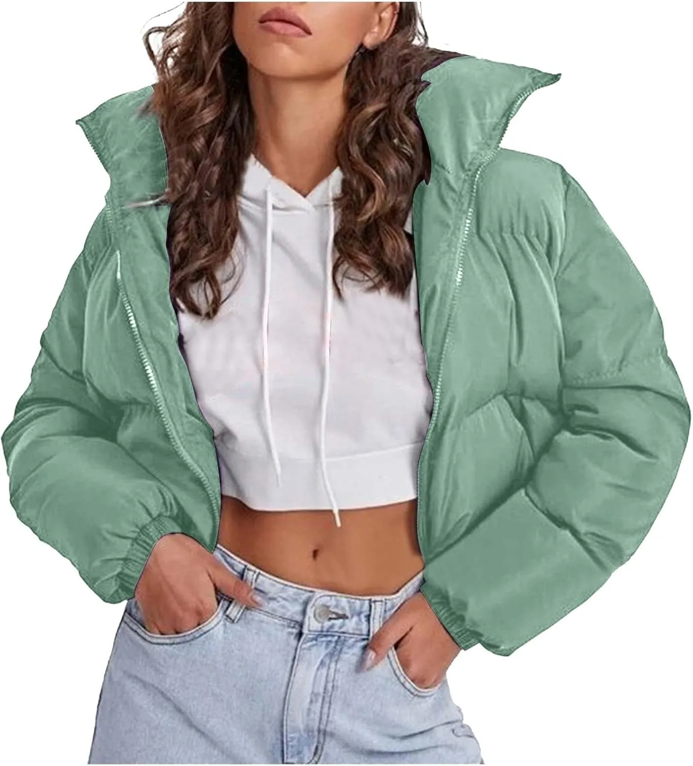 Women's 2024 Winter Long Sleeve Zip Cropped Short Puffer Jacket Parkas Pockets Baggy Down Coats Warm Quilted Jacket