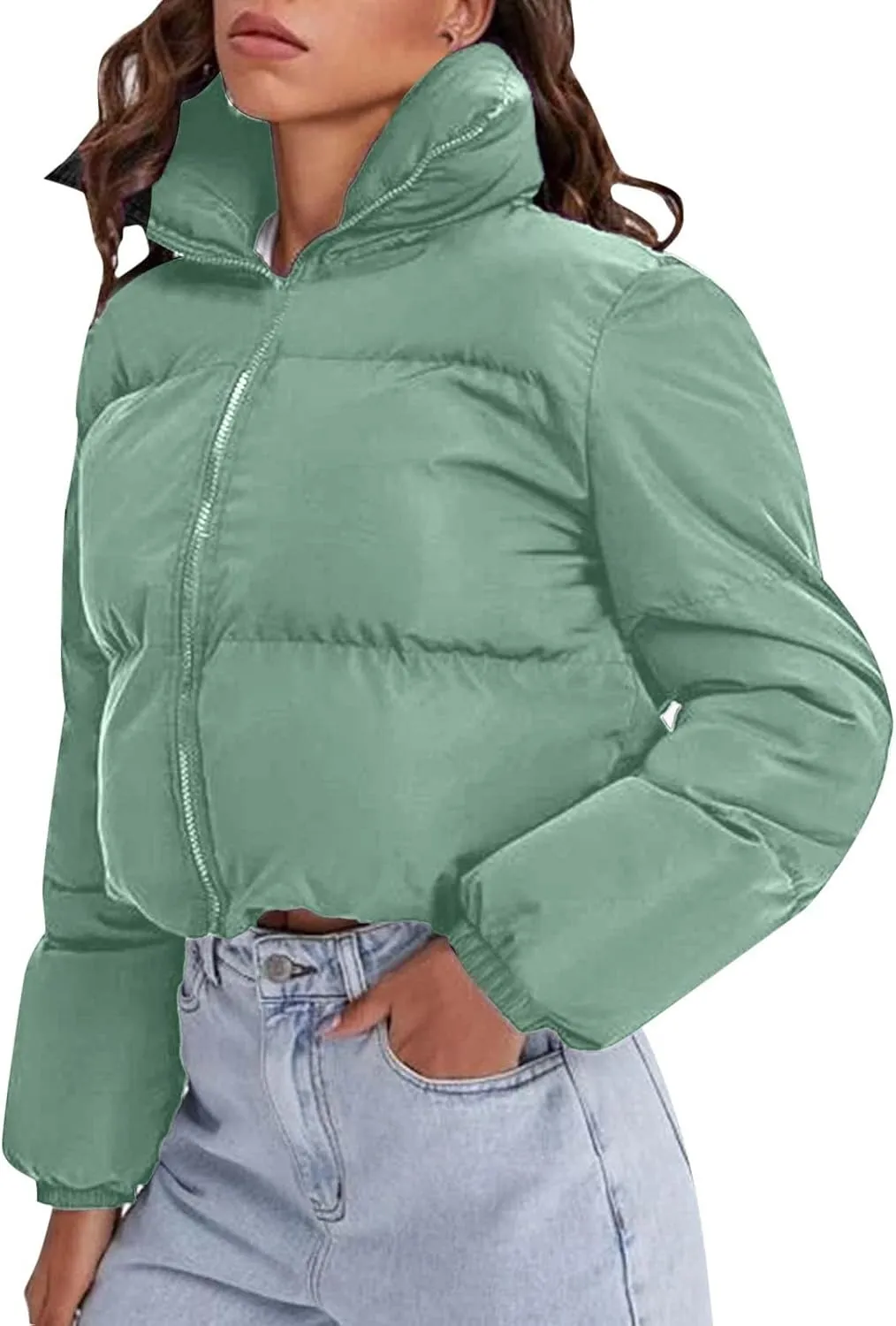 Women's 2024 Winter Long Sleeve Zip Cropped Short Puffer Jacket Parkas Pockets Baggy Down Coats Warm Quilted Jacket