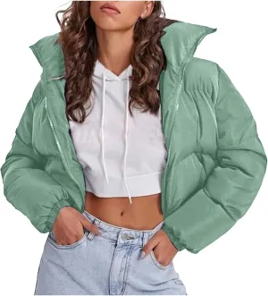 Women's 2024 Winter Long Sleeve Zip Cropped Short Puffer Jacket Parkas Pockets Baggy Down Coats Warm Quilted Jacket