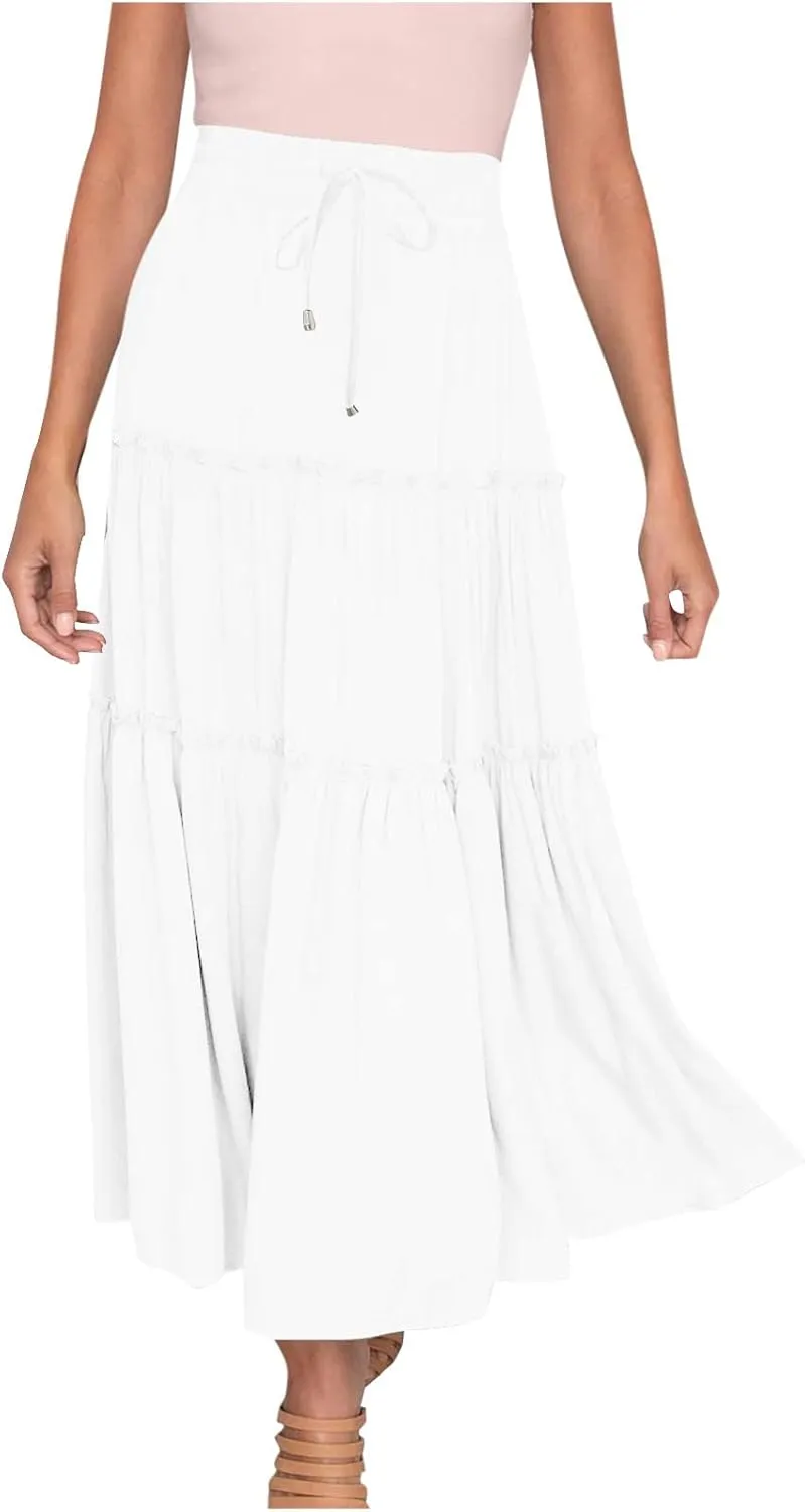 Womens 2025 Summer Long Flowy Skirt Elastic High Waist Boho Casual Maxi Skirt Tie Pleated Ruffle Tiered Skirts
