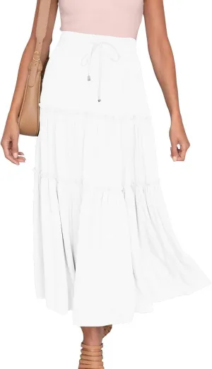 Womens 2025 Summer Long Flowy Skirt Elastic High Waist Boho Casual Maxi Skirt Tie Pleated Ruffle Tiered Skirts