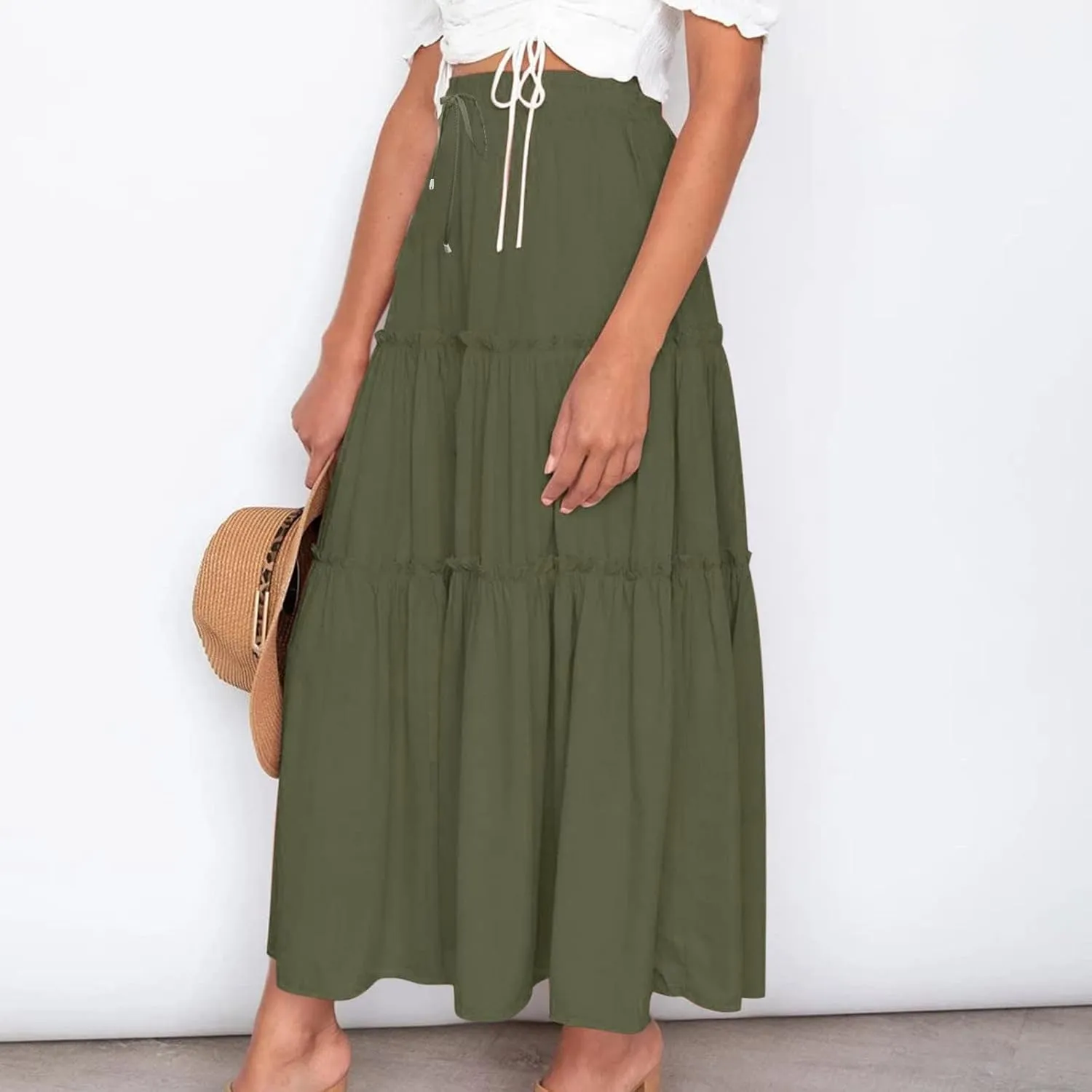 Womens 2025 Summer Long Flowy Skirt Elastic High Waist Boho Casual Maxi Skirt Tie Pleated Ruffle Tiered Skirts