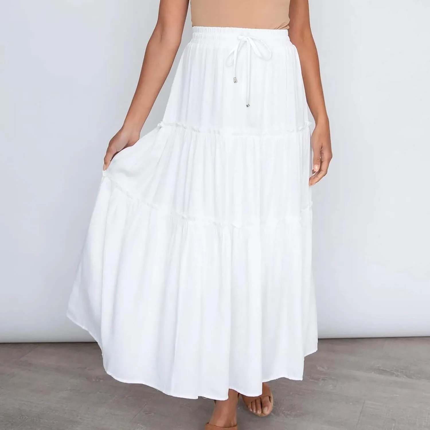 Womens 2025 Summer Long Flowy Skirt Elastic High Waist Boho Casual Maxi Skirt Tie Pleated Ruffle Tiered Skirts