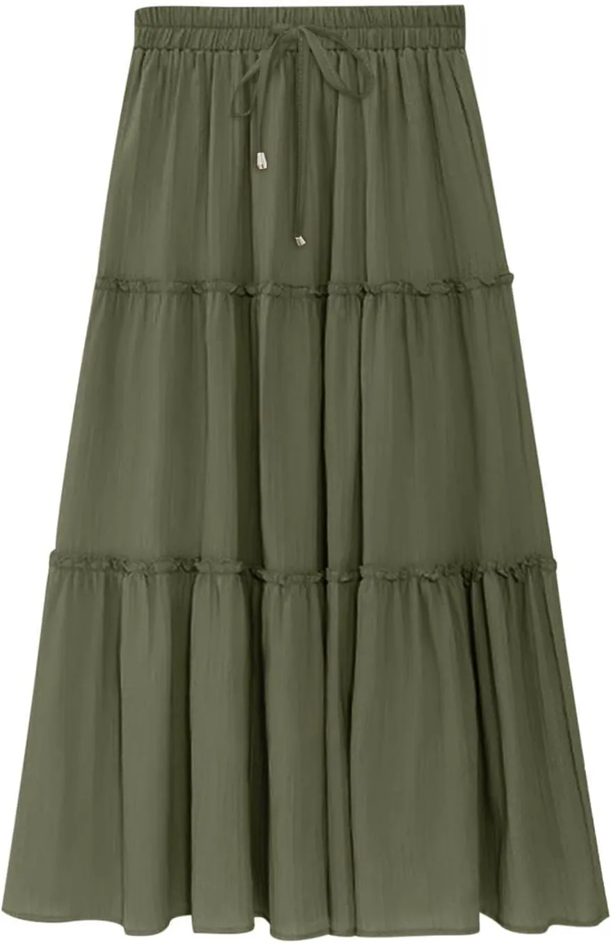 Womens 2025 Summer Long Flowy Skirt Elastic High Waist Boho Casual Maxi Skirt Tie Pleated Ruffle Tiered Skirts