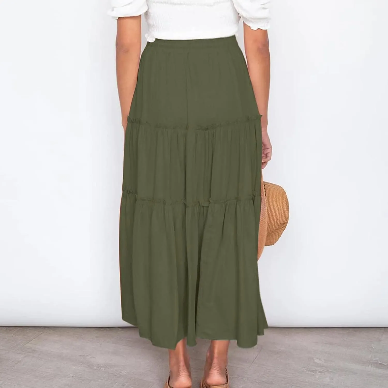 Womens 2025 Summer Long Flowy Skirt Elastic High Waist Boho Casual Maxi Skirt Tie Pleated Ruffle Tiered Skirts