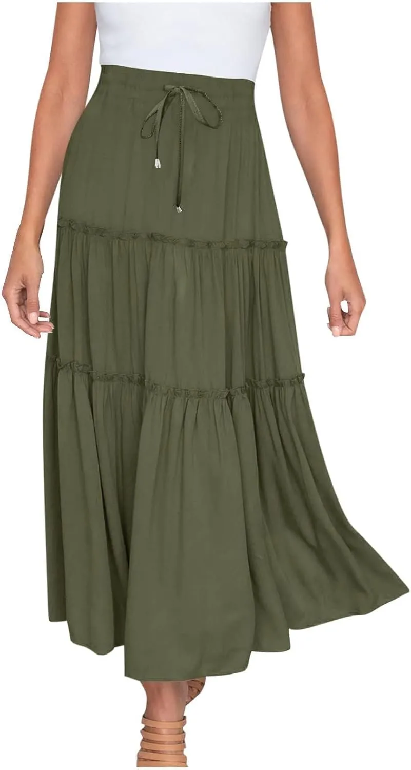 Womens 2025 Summer Long Flowy Skirt Elastic High Waist Boho Casual Maxi Skirt Tie Pleated Ruffle Tiered Skirts