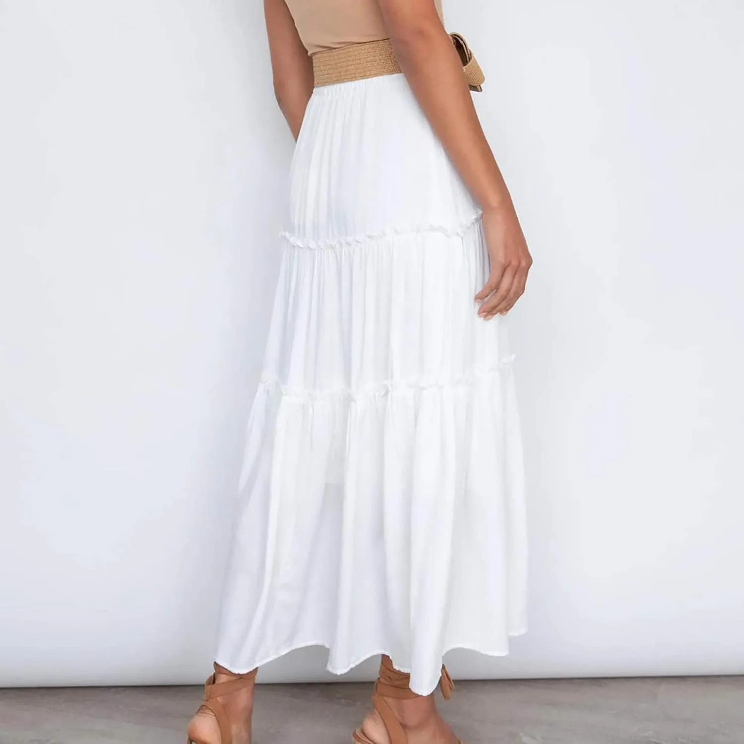 Womens 2025 Summer Long Flowy Skirt Elastic High Waist Boho Casual Maxi Skirt Tie Pleated Ruffle Tiered Skirts