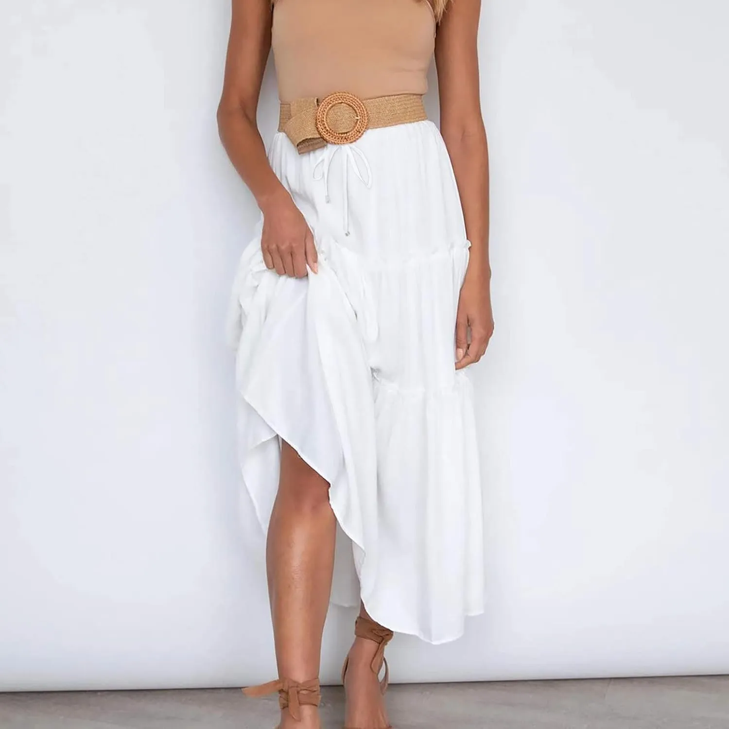 Womens 2025 Summer Long Flowy Skirt Elastic High Waist Boho Casual Maxi Skirt Tie Pleated Ruffle Tiered Skirts