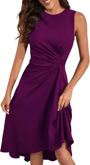 Women's 2025 Summer Sleeveless Ruched Waist Flowy A Line High Low Midi Cocktail Party Casual Office Dresses