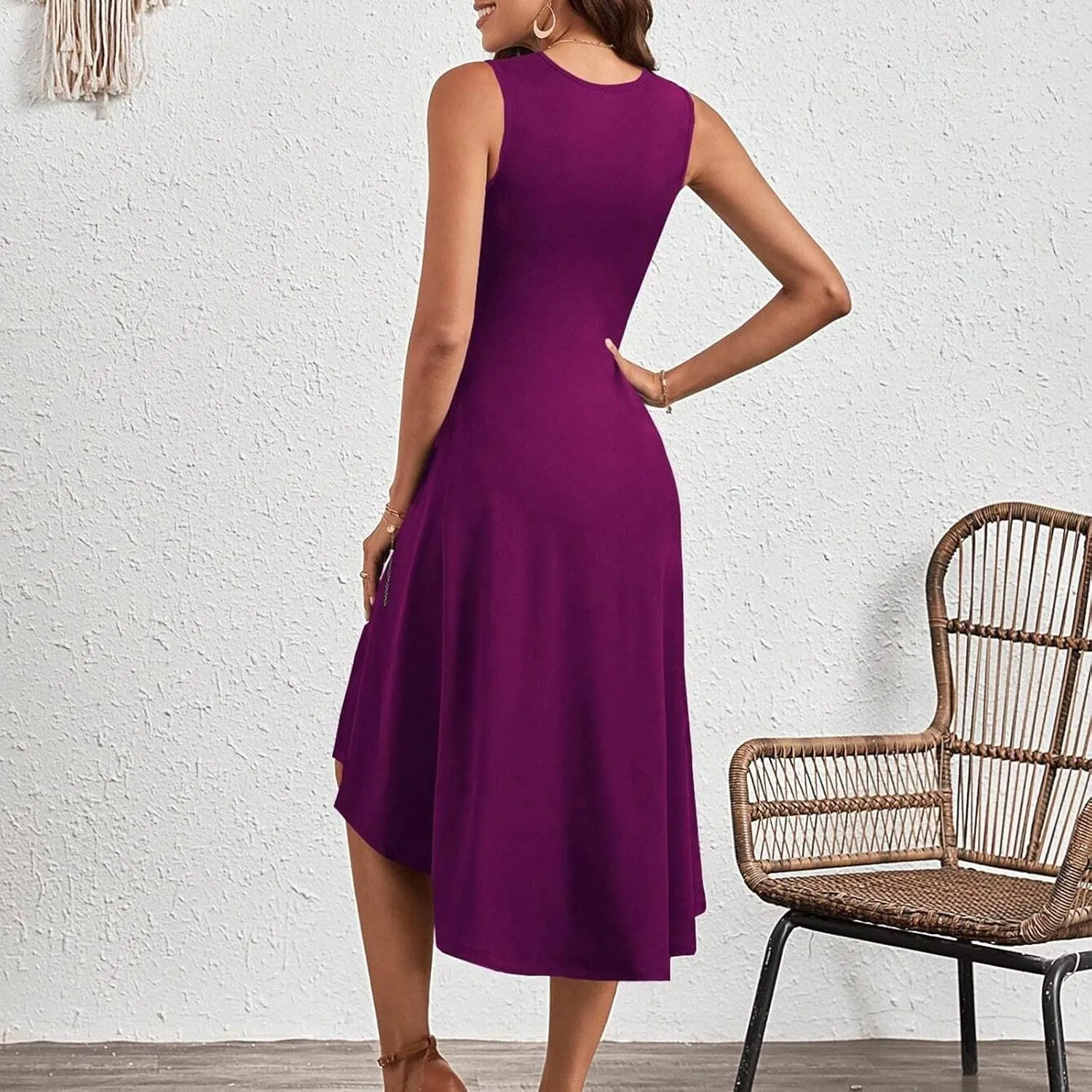Women's 2025 Summer Sleeveless Ruched Waist Flowy A Line High Low Midi Cocktail Party Casual Office Dresses