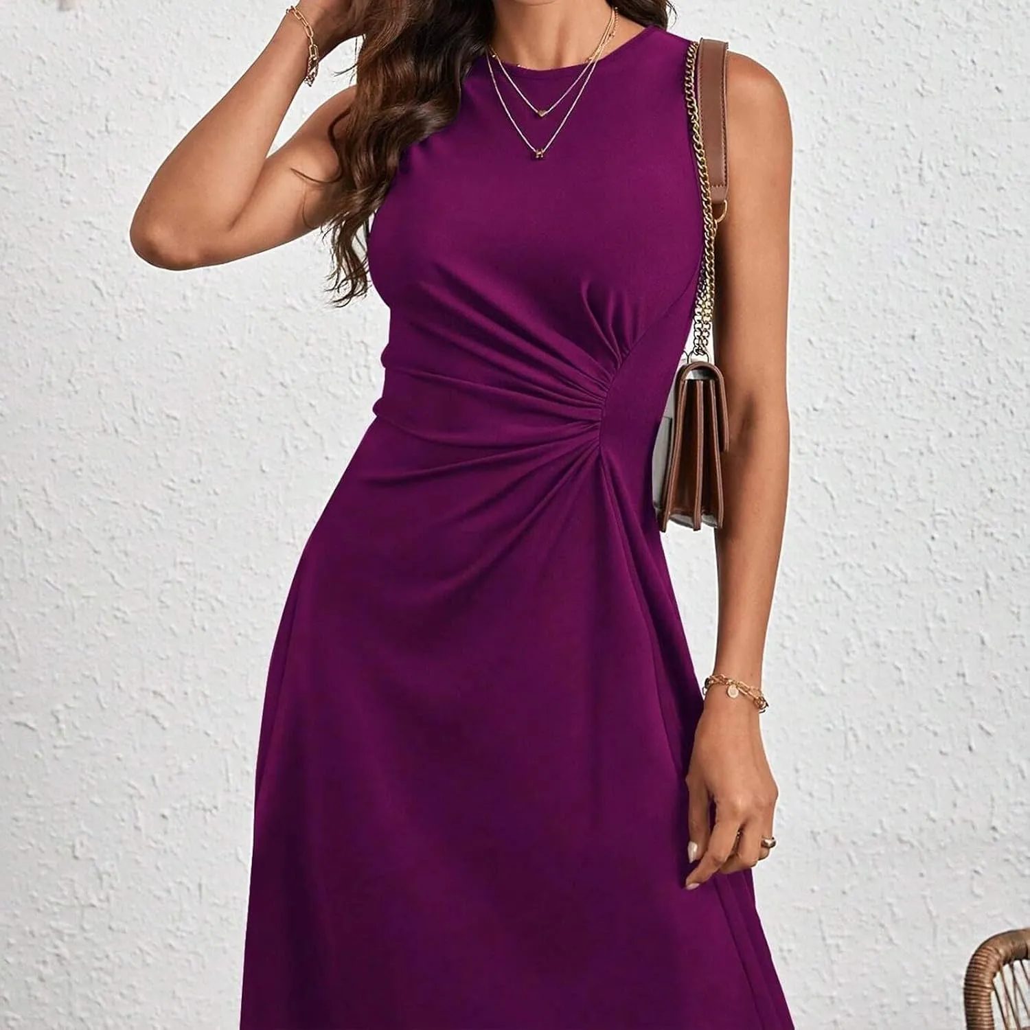 Women's 2025 Summer Sleeveless Ruched Waist Flowy A Line High Low Midi Cocktail Party Casual Office Dresses