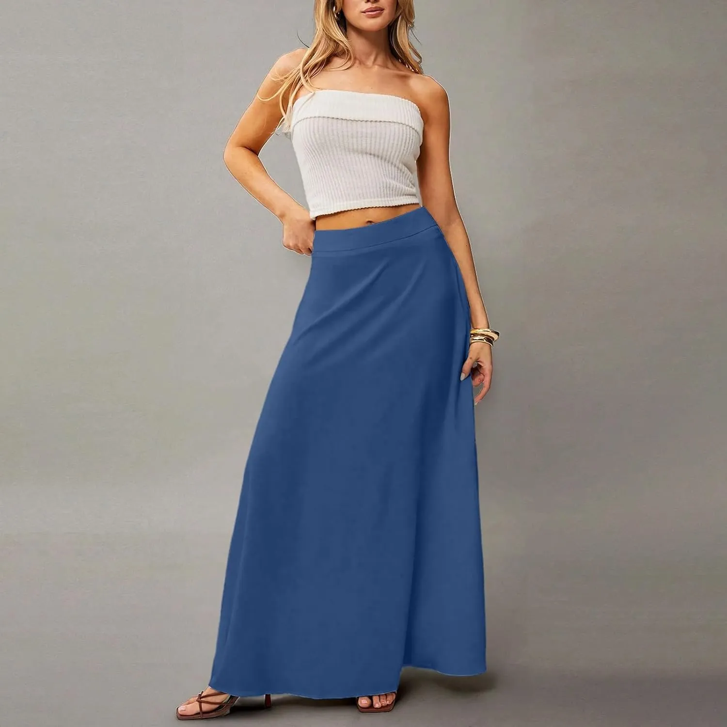 Womens Ankle Length Skirt High Waist Long Skirts Trendy Solid Gradient Color Summer Boho Maxi Skirts with Pockets