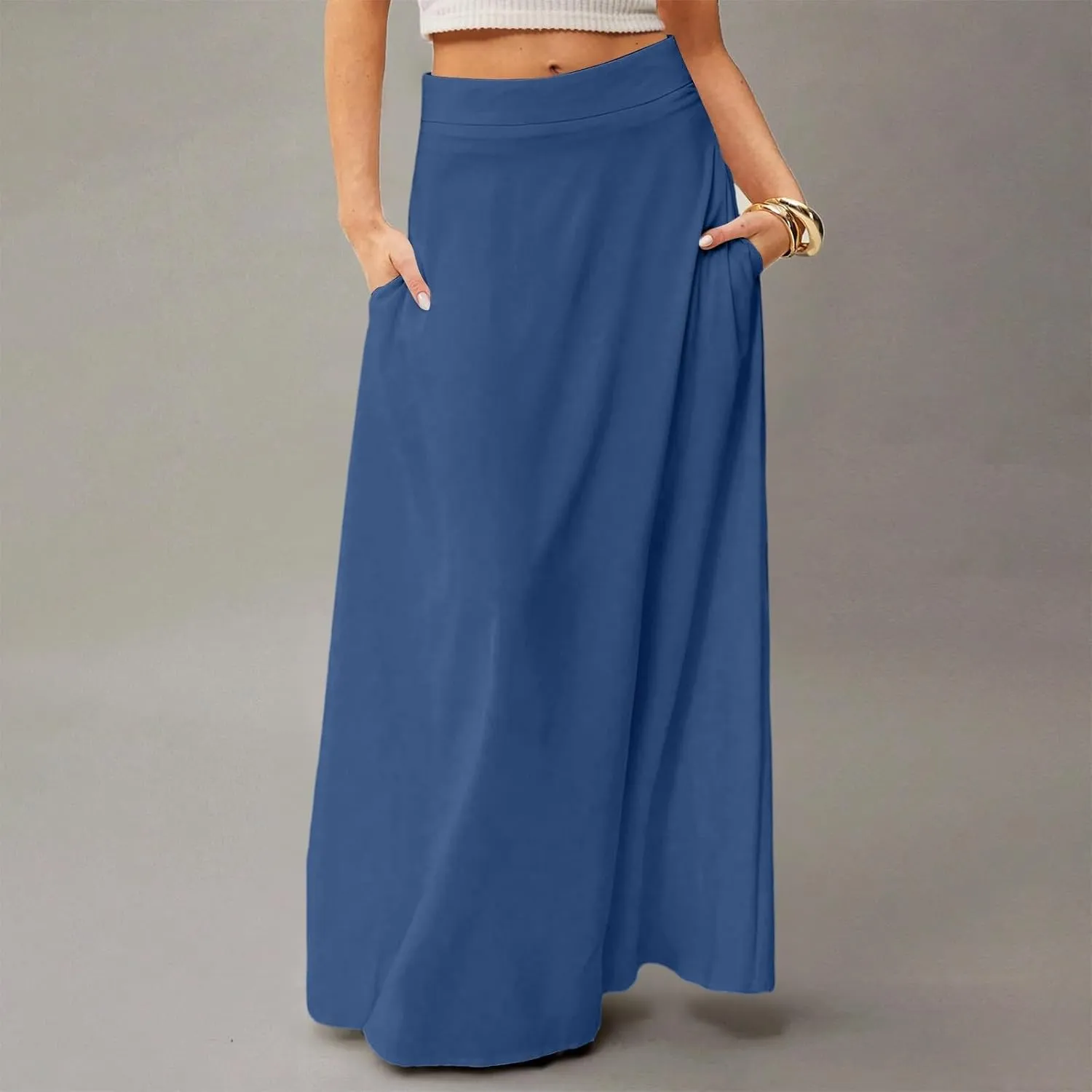 Womens Ankle Length Skirt High Waist Long Skirts Trendy Solid Gradient Color Summer Boho Maxi Skirts with Pockets